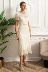 Midi Lace Dress with Short Sleeves and Delicate Waist Belt - Ivoire