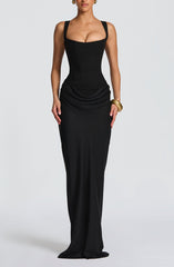 Anelina Satin Draped Maxi Gown in Black