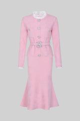 Long Sleeve Co-Ord With Fitted Knit Bodice And Crystal Button Detail - Blush Pink
