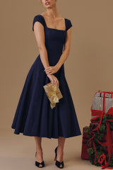Elise Cap Sleeve Midi Dress in NavyBlue