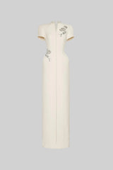 Short Sleeve Midi Dress With High Split Neckline And Sparkling Embellishments - Ivoire