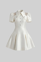 Puff Sleeve Mini Dress With Pointed Collar And Crystal Button Front - Ivoire