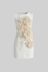Sleeveless Mini Dress With Round Neckline And 3D Floral Appliqu - White