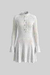 Open-Knit Mini Dress With Ruffle High Neck And Pearl Button Placket - White