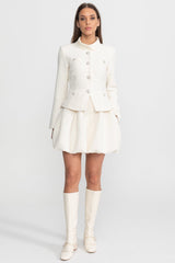 Textured Mini Dress with Crystal Button Embellishments Ivoire