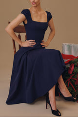 Elise Cap Sleeve Midi Dress in NavyBlue