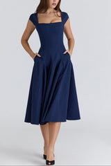 Elise Cap Sleeve Midi Dress in NavyBlue