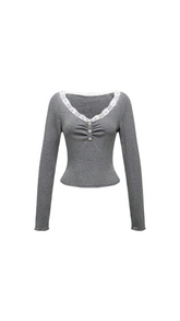 Atilana Lace Trim Long-Sleeve Top