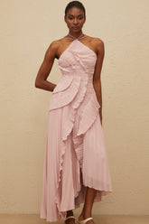 Doux Pink Ruffled Trim Pleated Midi Dress