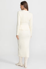 Midi Dress with Peplum Waist and Crystal Collar Ivoire