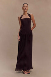 Stacie Cacao Pleated Halter Maxi Dress