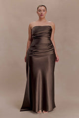 Sarah Mocha Strapless Maxi Dress with Waist Tie