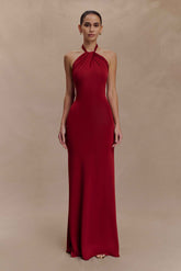 Elyna Deep Red Slinky Halter Maxi Dress