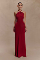 Elyna Deep Red Slinky Halter Maxi Dress