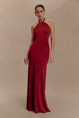 Elyna Deep Red Slinky Halter Maxi Dress