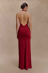 Elyna Deep Red Slinky Halter Maxi Dress
