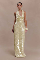 Gertrud Lemon Sequin Halter Maxi Dress