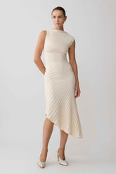 Milasandra Ivory Pleated Knit Midi Dress