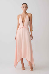 Cyra Peach Satin Midi Dress