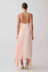 Cyra Peach Satin Midi Dress
