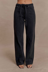 Perrie Washed Black Mid Rise Straight Leg Tie Jeans