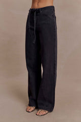 Perrie Washed Black Mid Rise Straight Leg Tie Jeans