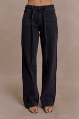 Perrie Washed Black Mid Rise Straight Leg Tie Jeans