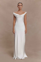 Ashley Ivory Maxi Dress with Cowl Neck and Lace Trim