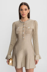 Shimmer Mini Dress with Crystal Button Embellishments Champagne