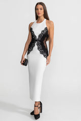 Halter Maxi Dress with Contrast Lace Panels White