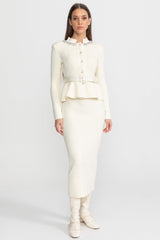 Midi Dress with Peplum Waist and Crystal Collar Ivoire