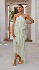 HALTER FRILL MAXI EVENING PARTY DRESS