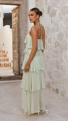 HALTER FRILL MAXI EVENING PARTY DRESS
