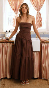 STRAPLESS RUCHED MAXI EVENING DRESS