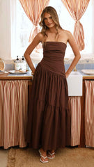 STRAPLESS RUCHED MAXI EVENING DRESS