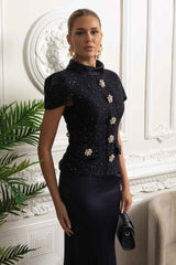 Co-Ord Set with Tweed Embellished Top and Satin Maxi Skirt - Navy