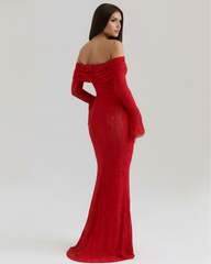 Red Stretch Floral Lace, Off-Shoulder Boned Bodice, Evening Wear