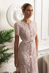 Elegant Floral Lace Fitted Dress with Button Detail and Scalloped Hem - Blush Pink