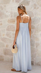PLEATED SHIRRED MAXI CASUAL SUMMER DRESS