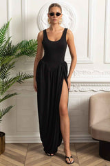 Draped Maxi Dress With Sculptural Skirt And Side Slit - Black