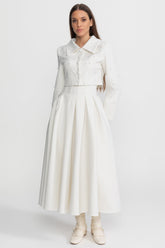 Pearl-Embellished Co-Ord Set with Cropped Jacket and Full Skirt White