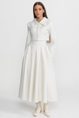 Pearl-Embellished Co-Ord Set with Cropped Jacket and Full Skirt White