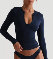 Dahlia Zip-Up Long Sleeve T-Shirt - Navy