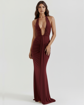 Burgundy Halter Neck, Ruched Details, Glamorous Events