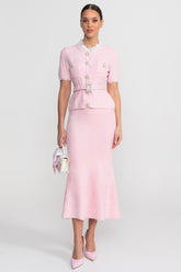 Short Sleeve Co-Ord With Peplum Waist And Crystal Button Belt - Blush Pink