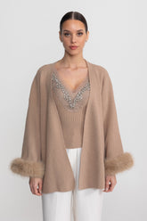 Knit Two Piece Set With Crystal Embellishments And Trim Cuffs - Beige