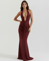 Burgundy Halter Neck, Ruched Details, Glamorous Events