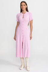 Knit Button-Front Midi Dress with Scalloped Sleeves Pink