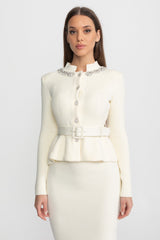 Midi Dress with Peplum Waist and Crystal Collar Ivoire