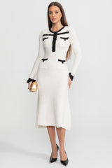 Textured Midi Dress with Contrast Embroidered Trim Ivoire